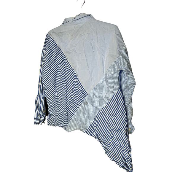 NAADAM Blue Cotton Asymmetrical Stripe Mix Button Up Long Sleeve Top Size Medium - Picture 5 of 12